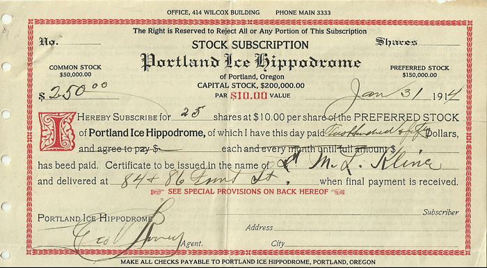 Portland Hippodrome Stock Subscription 1914